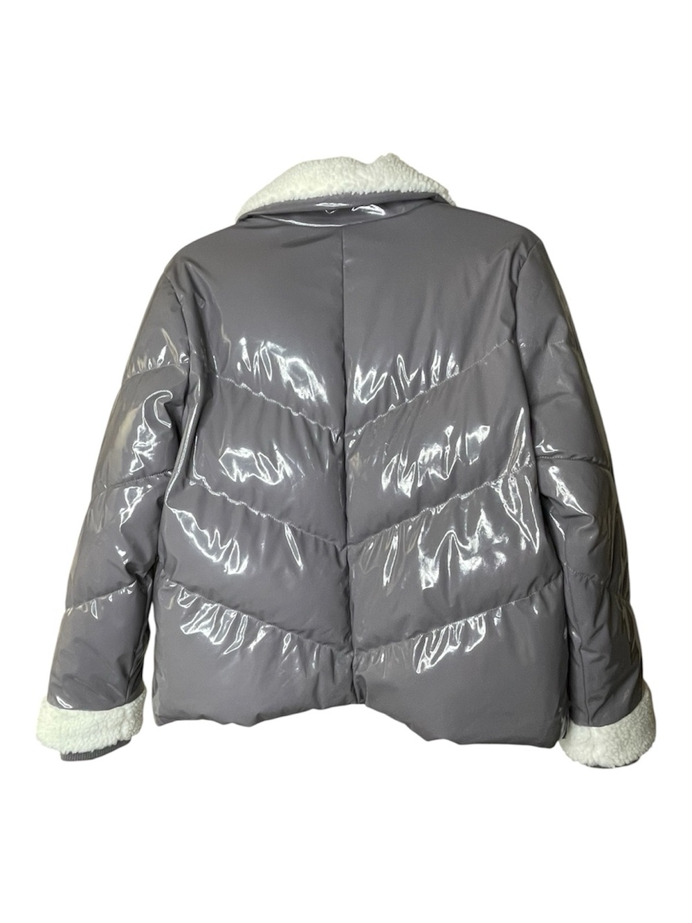 G.I.L.I. Shiny Gray Puffer Jacket with White Sherpa Trim Sz M - Picture 4 of 8